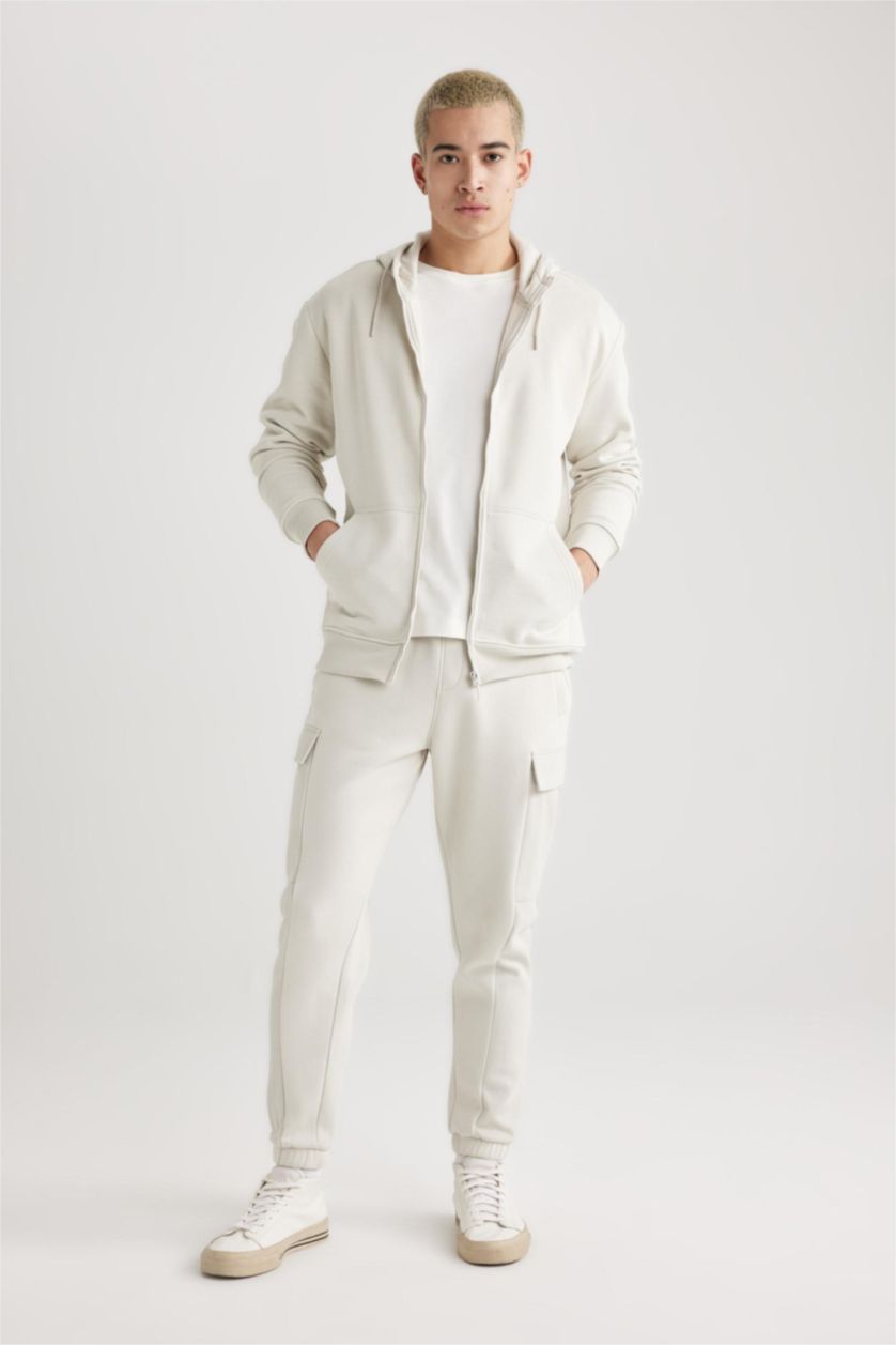 MAN Stone Gray Regular Fit Hooded Soft Furry Inside Pocket Basic Sweatshirt