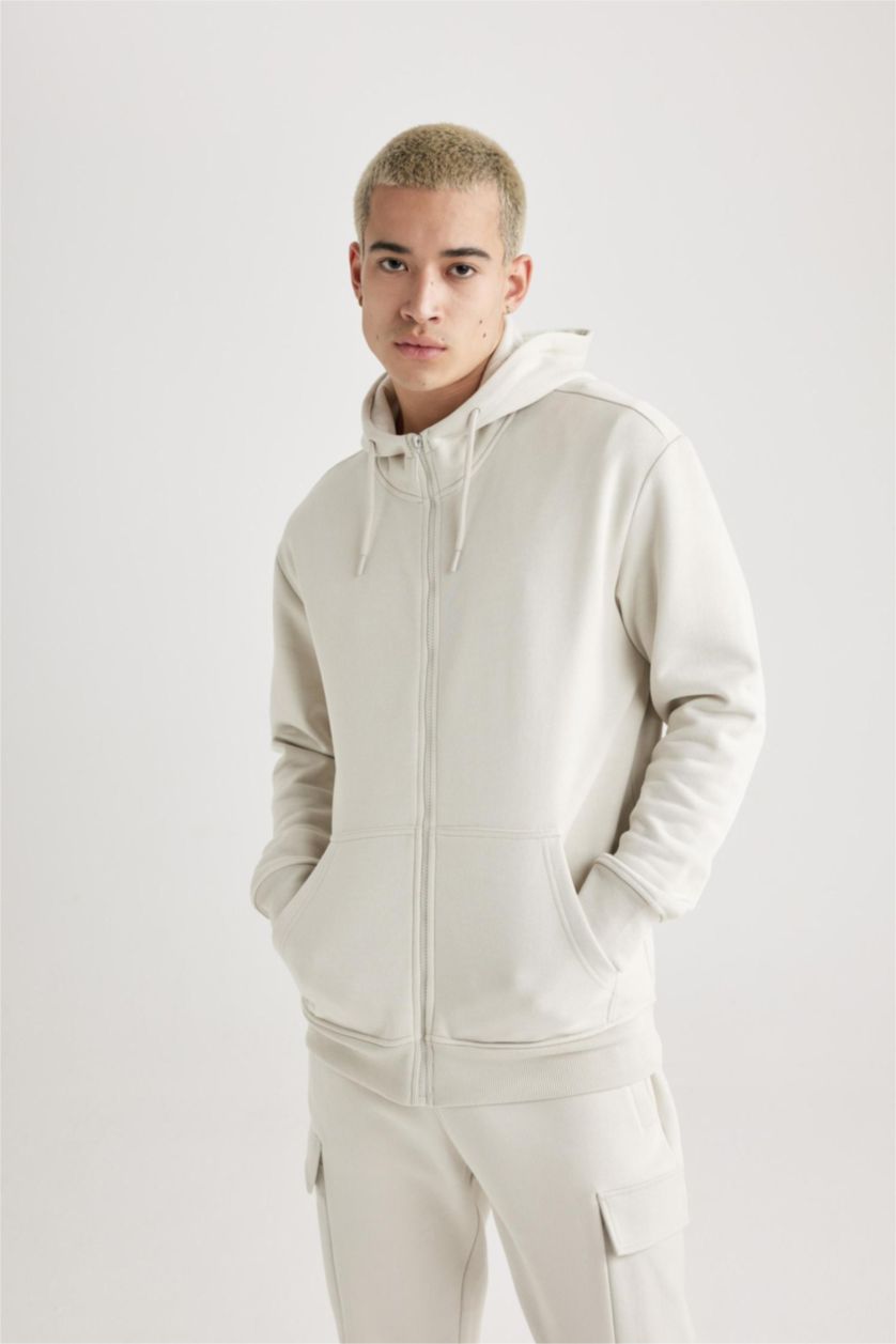 MAN Stone Gray Regular Fit Hooded Soft Furry Inside Pocket Basic Sweatshirt