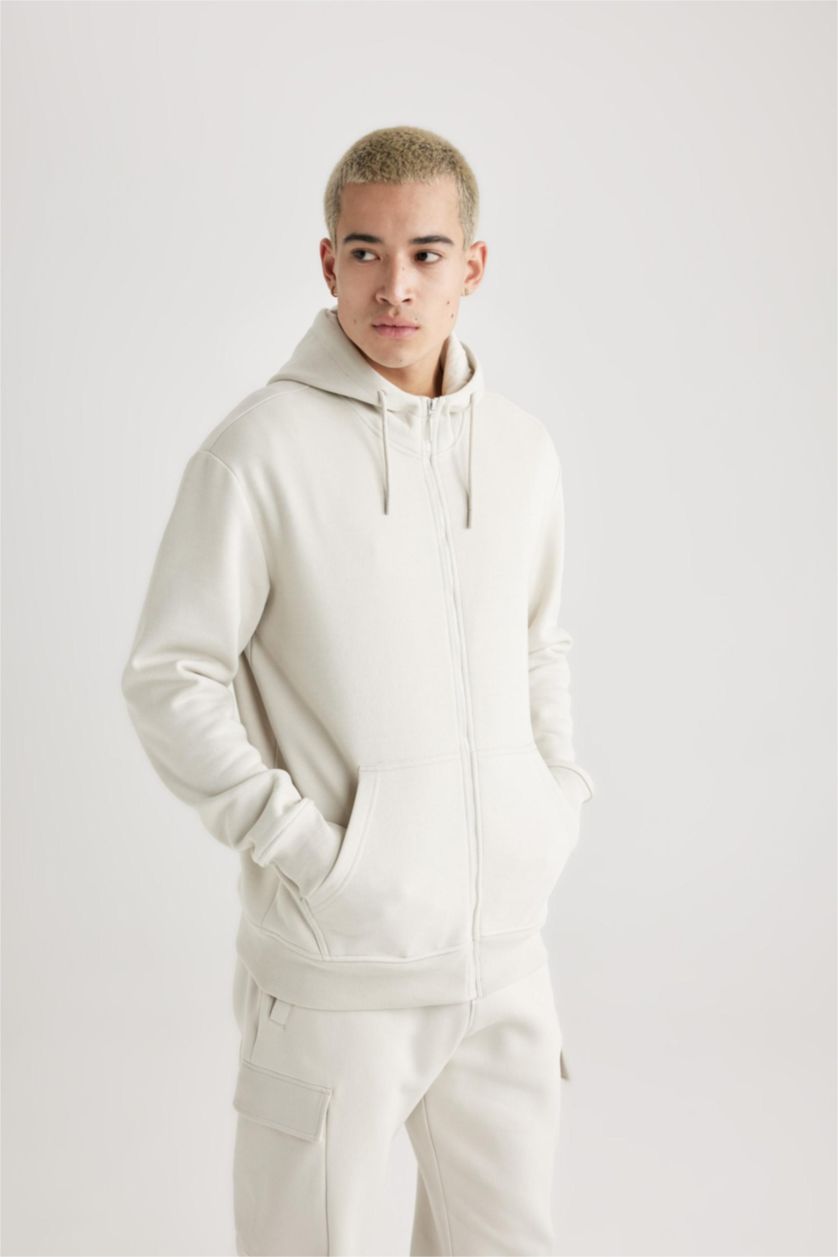 MAN Stone Gray Regular Fit Hooded Soft Furry Inside Pocket Basic Sweatshirt