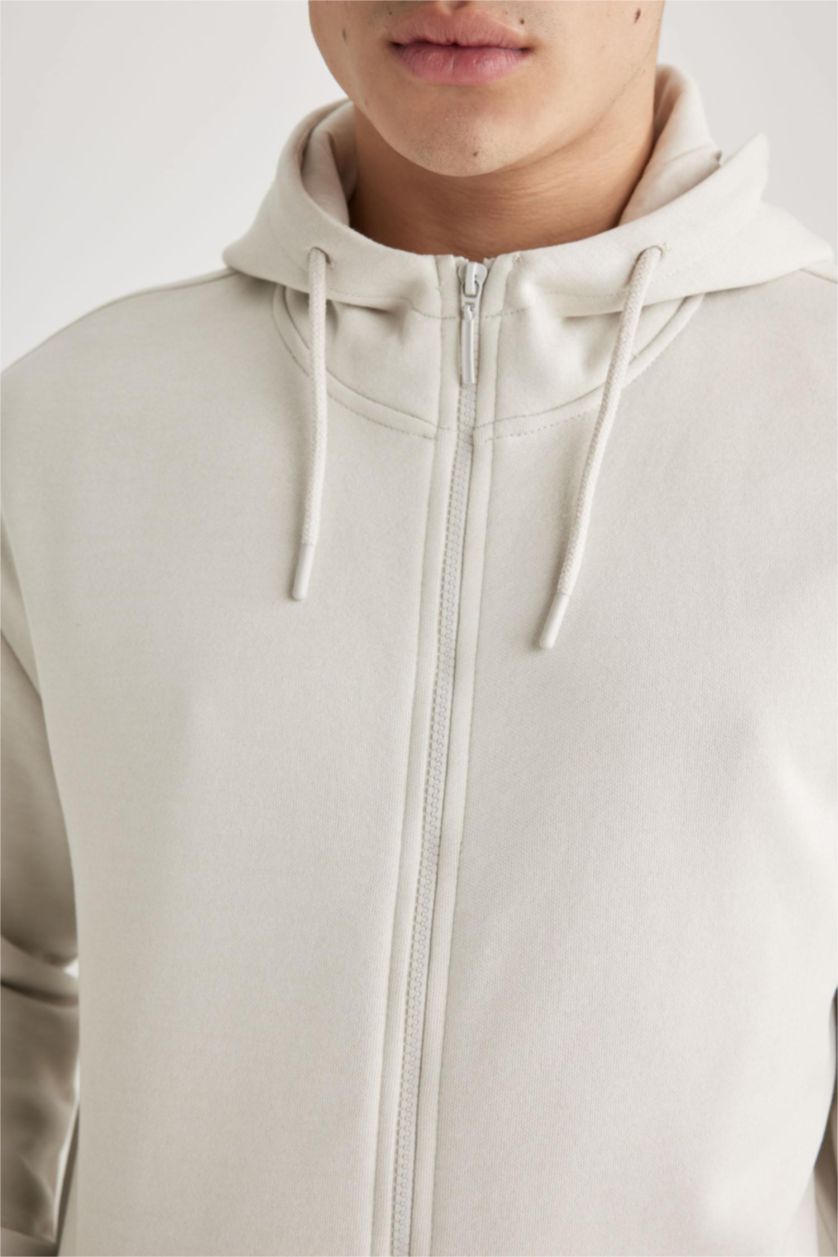 MAN Stone Gray Regular Fit Hooded Soft Furry Inside Pocket Basic Sweatshirt