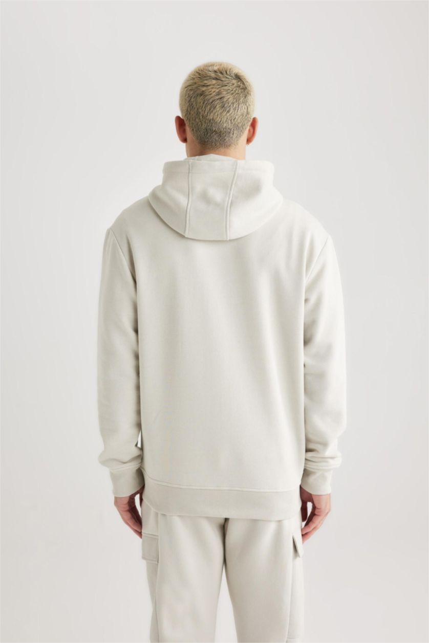 MAN Stone Gray Regular Fit Hooded Soft Furry Inside Pocket Basic Sweatshirt