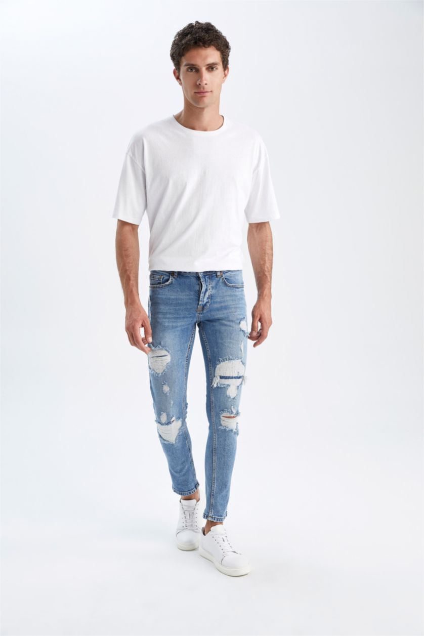 رجالي أزرق بنطلون جينز ممزق سليم فيت بخصرعادي بساق ضيق