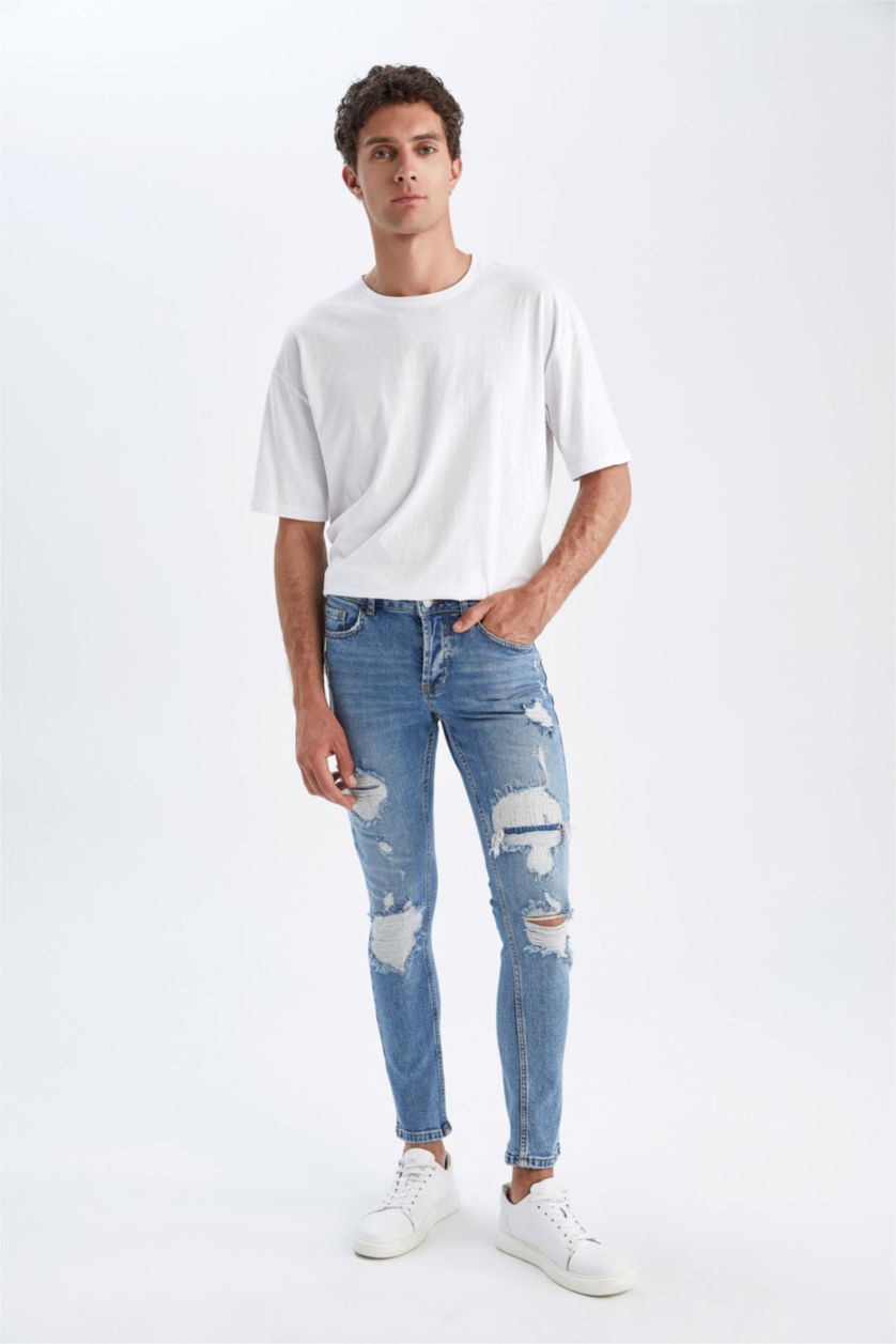 رجالي أزرق بنطلون جينز ممزق سليم فيت بخصرعادي بساق ضيق