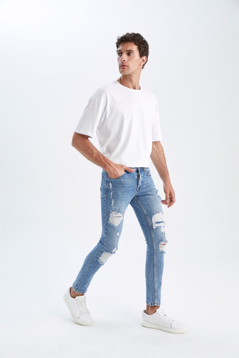 رجالي أزرق بنطلون جينز ممزق سليم فيت بخصرعادي بساق ضيق