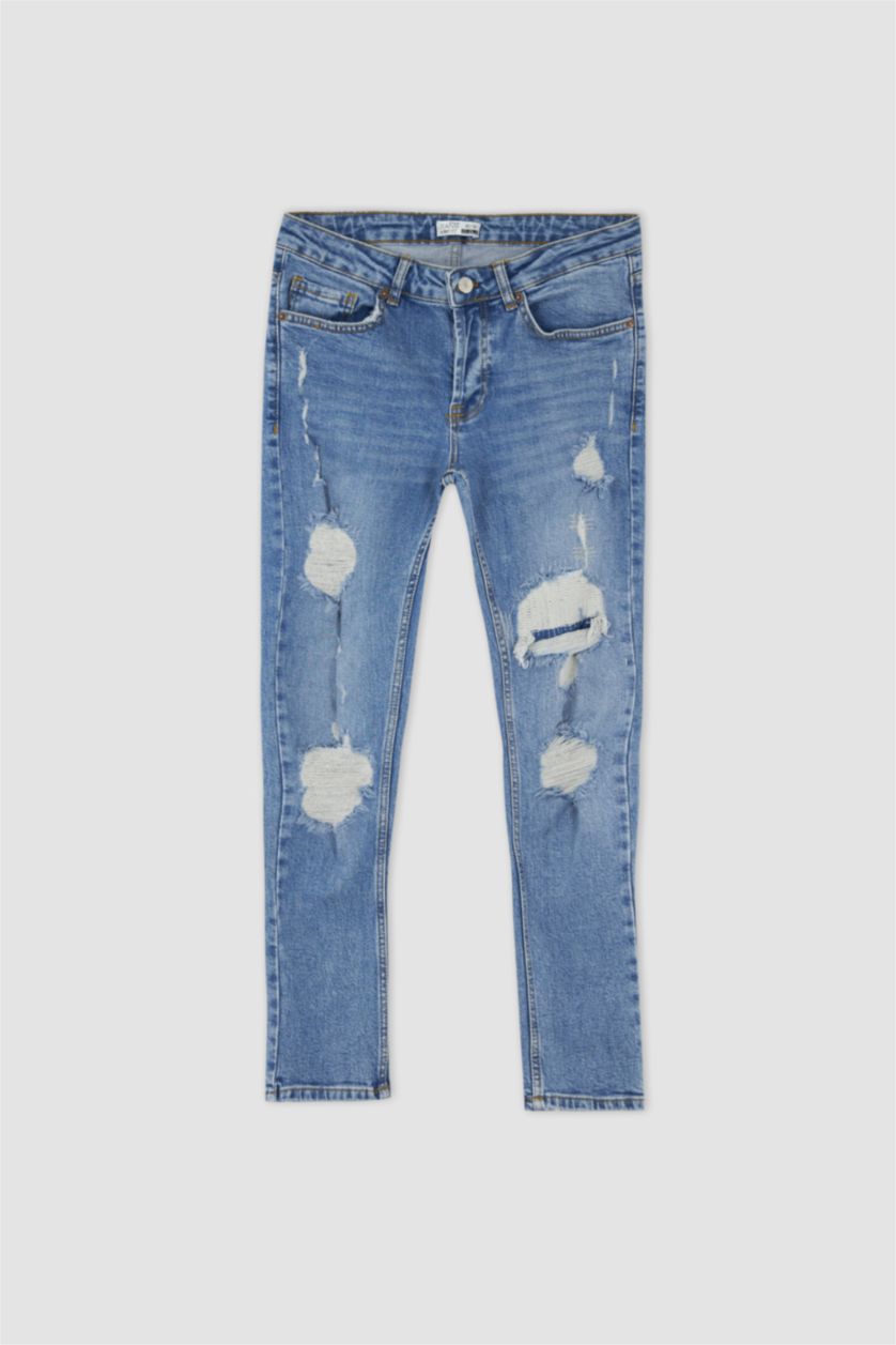 رجالي أزرق بنطلون جينز ممزق سليم فيت بخصرعادي بساق ضيق