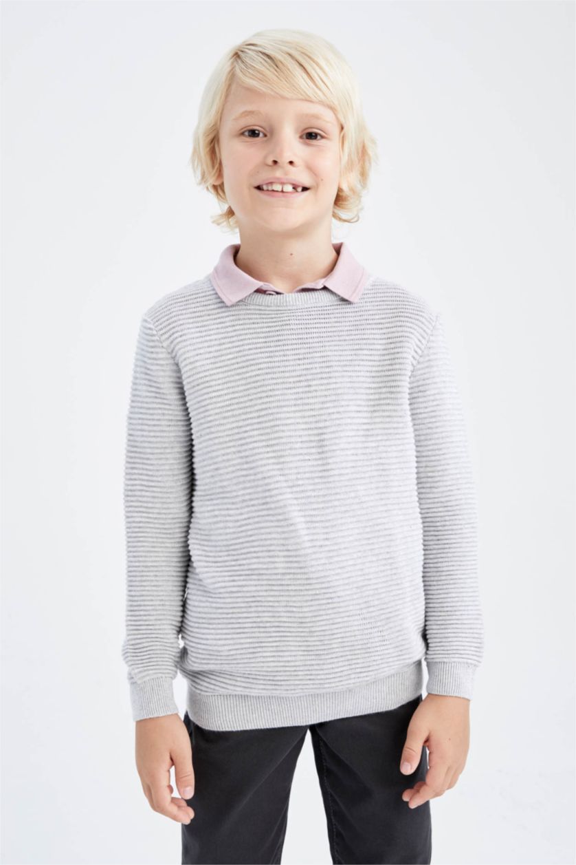 BOYS & TEENS Light Grey Melange Boy Regular Fit Crew Neck Pullover