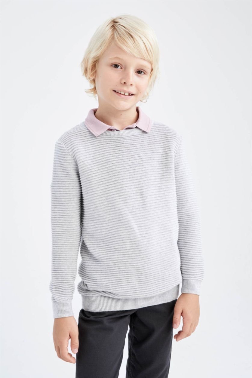 BOYS & TEENS Light Grey Melange Boy Regular Fit Crew Neck Pullover