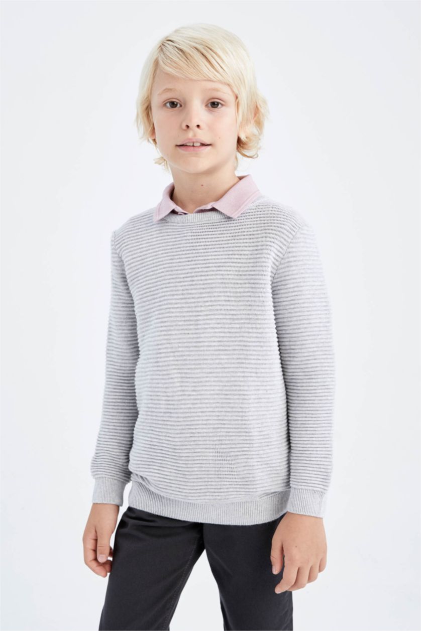 BOYS & TEENS Light Grey Melange Boy Regular Fit Crew Neck Pullover