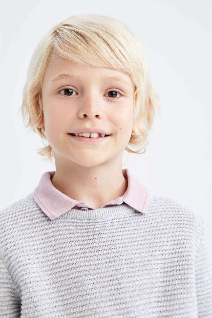 BOYS & TEENS Light Grey Melange Boy Regular Fit Crew Neck Pullover