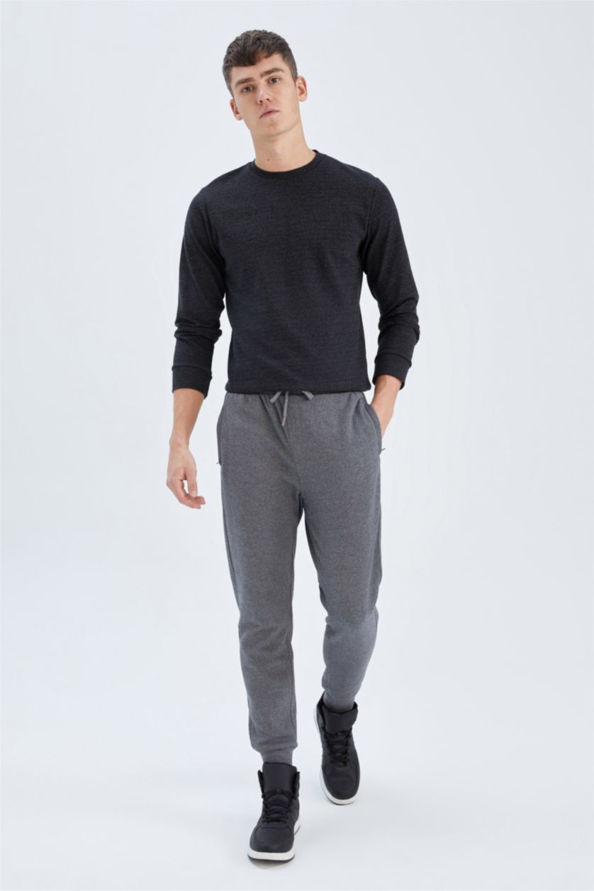 MAN Anthracite Melange Slim Fit Rib Hem With Pockets Pique Trousers