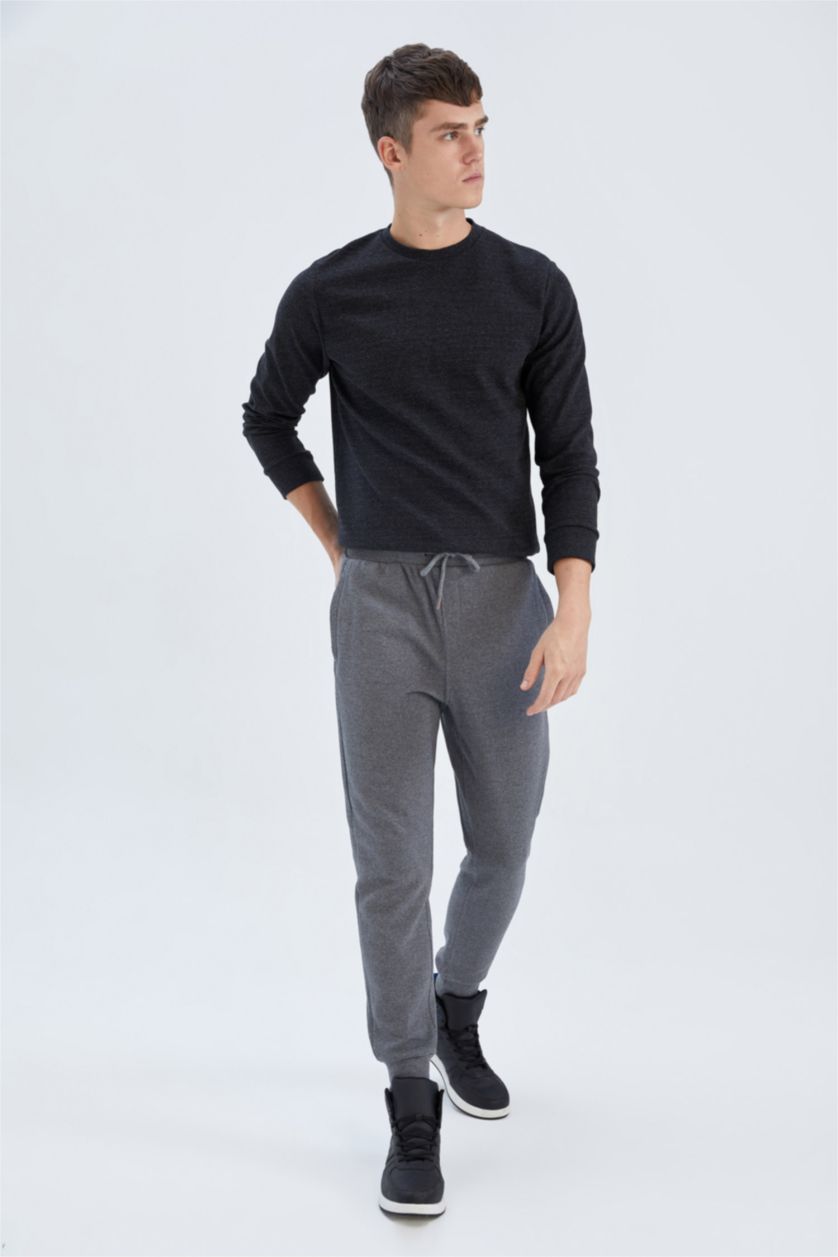 MAN Anthracite Melange Slim Fit Rib Hem With Pockets Pique Trousers