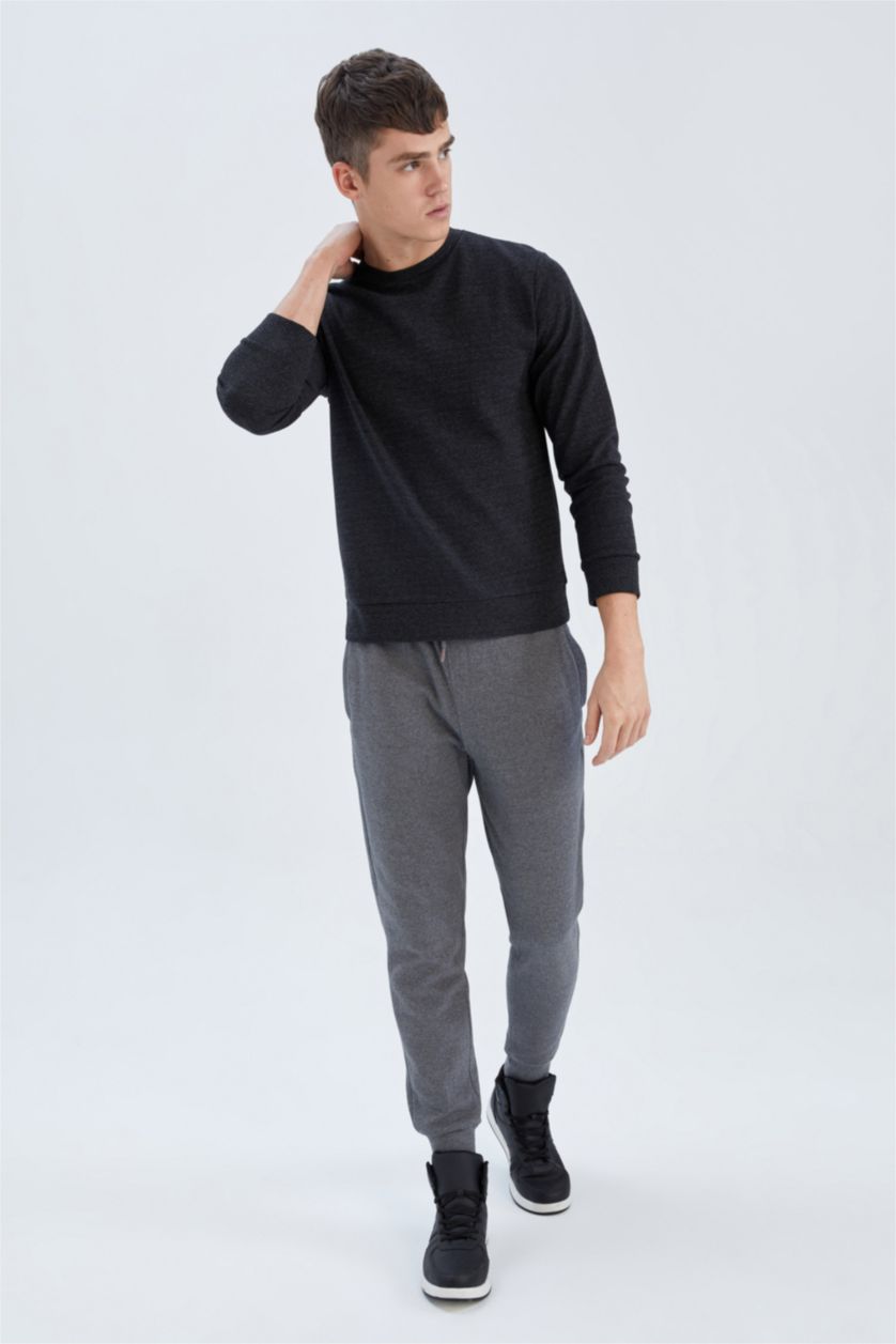MAN Anthracite Melange Slim Fit Rib Hem With Pockets Pique Trousers