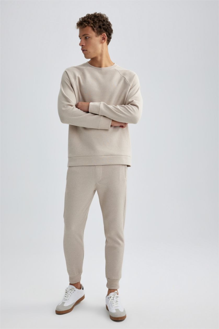 MAN Beige Melange Slim Fit Rib Hem With Pockets Pique Trousers