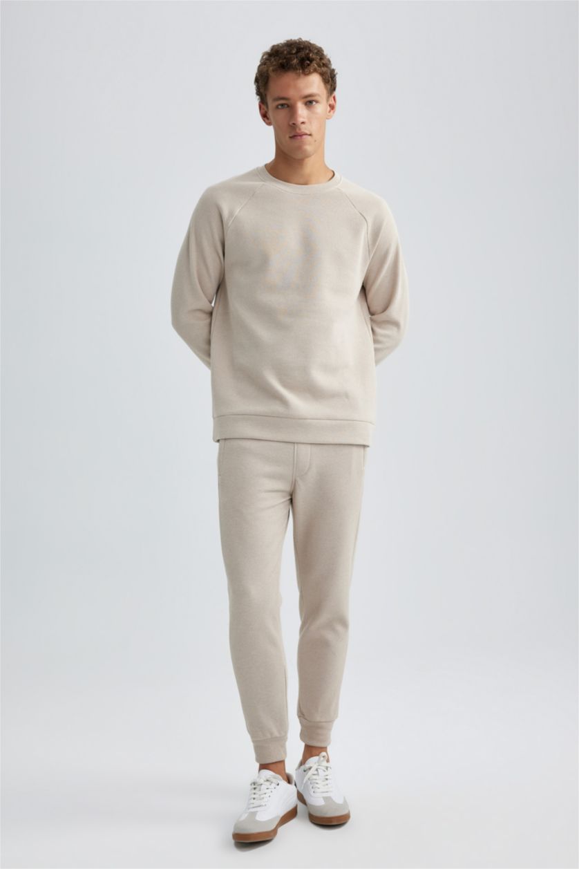 MAN Beige Melange Slim Fit Rib Hem With Pockets Pique Trousers