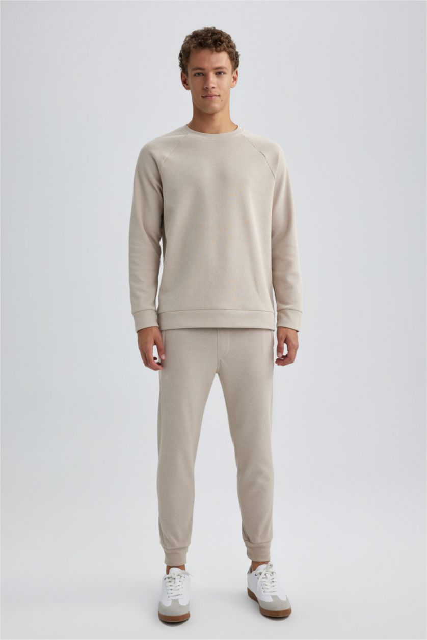 MAN Beige Melange Slim Fit Rib Hem With Pockets Pique Trousers