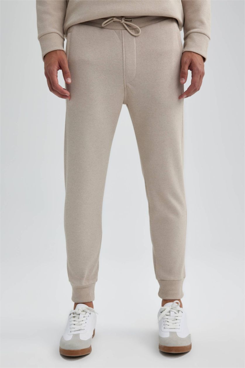 MAN Beige Melange Slim Fit Rib Hem With Pockets Pique Trousers