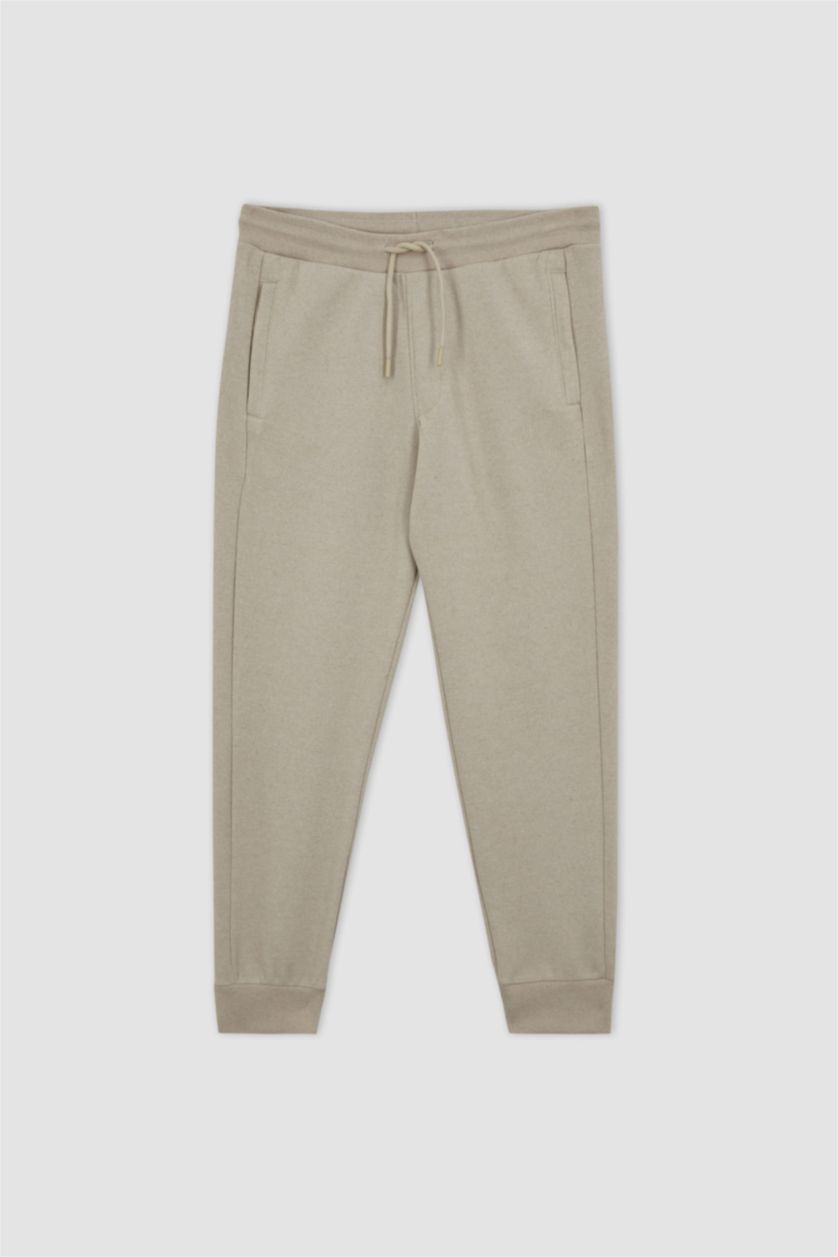 MAN Beige Melange Slim Fit Rib Hem With Pockets Pique Trousers