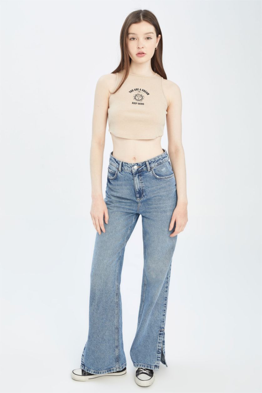 WOMAN Light Beige Fitted Crew Neck Printed Camisole Crop Singlet