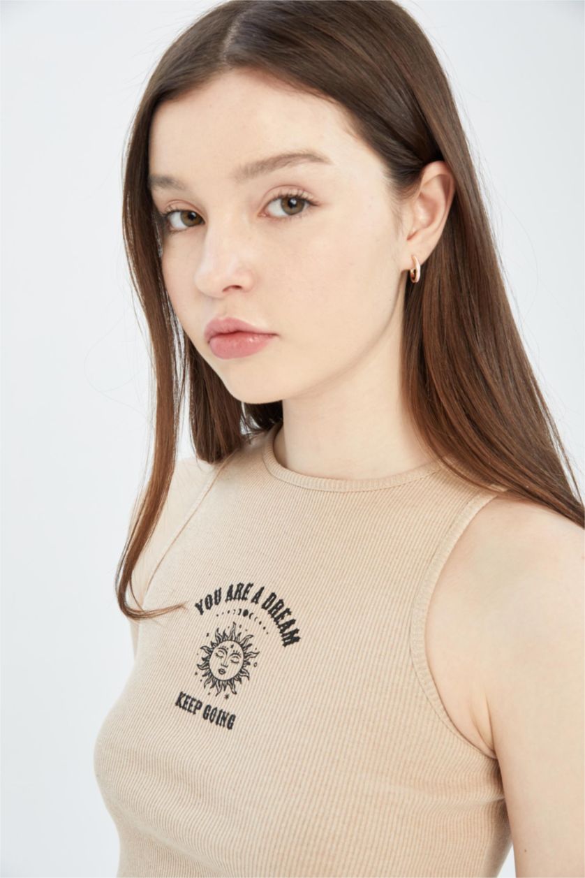 WOMAN Light Beige Fitted Crew Neck Printed Camisole Crop Singlet