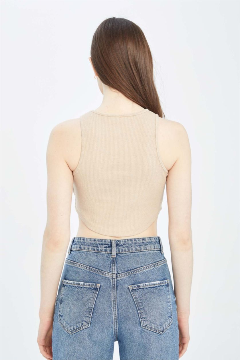 WOMAN Light Beige Fitted Crew Neck Printed Camisole Crop Singlet