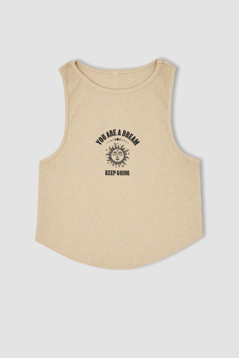 WOMAN Light Beige Fitted Crew Neck Printed Camisole Crop Singlet