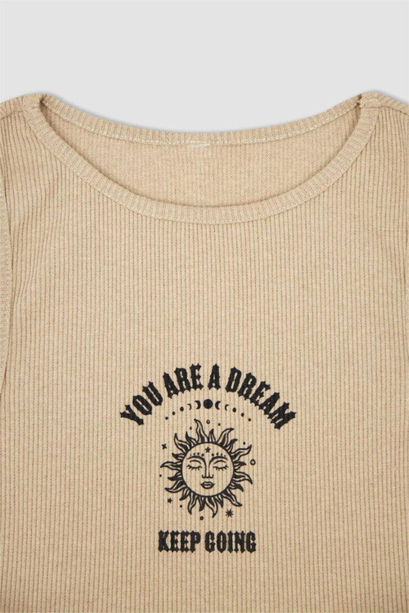 WOMAN Light Beige Fitted Crew Neck Printed Camisole Crop Singlet