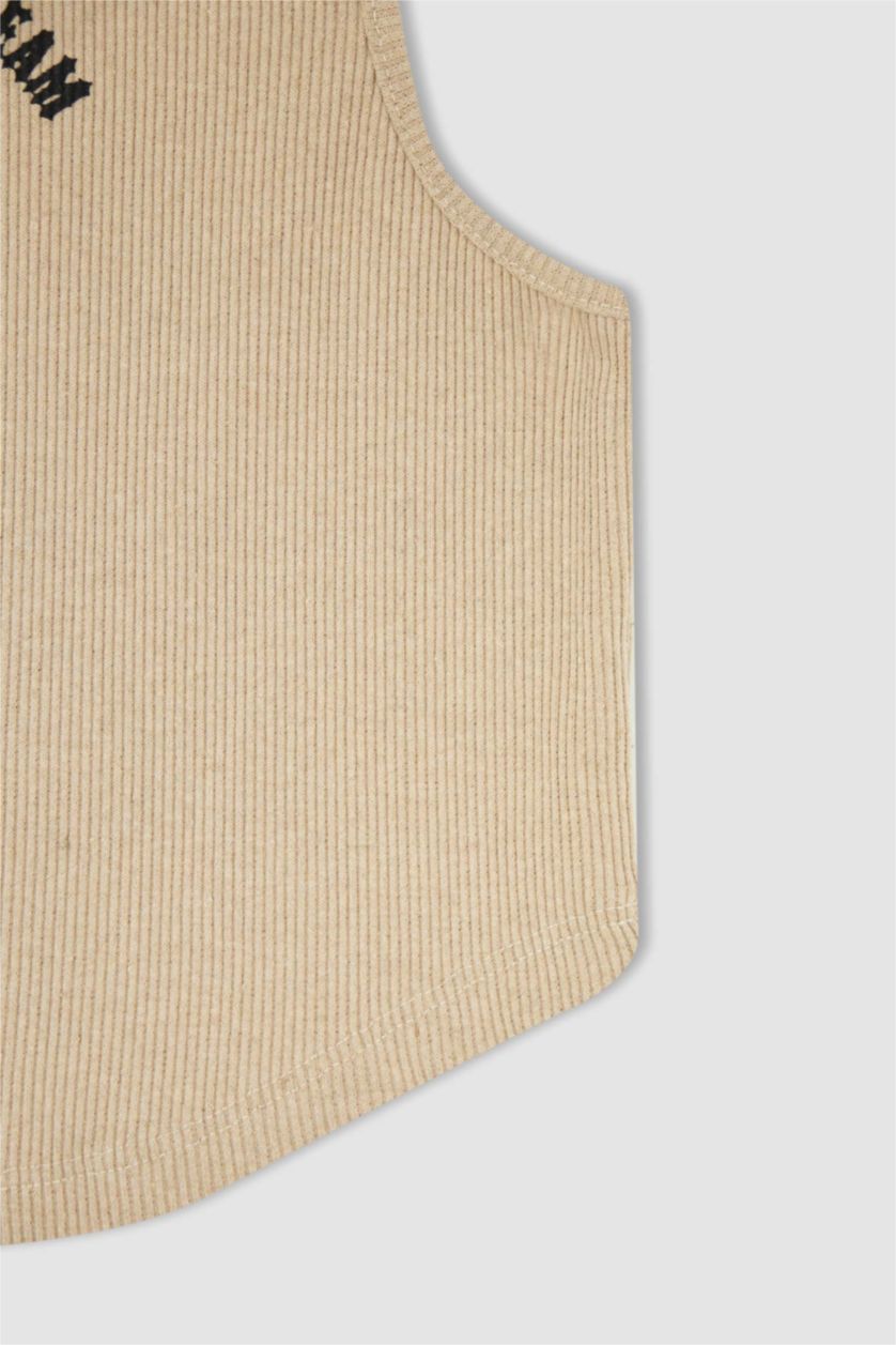 WOMAN Light Beige Fitted Crew Neck Printed Camisole Crop Singlet