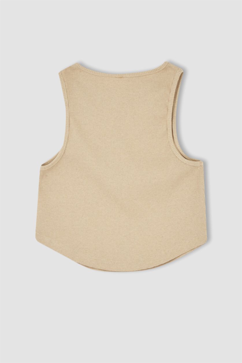 WOMAN Light Beige Fitted Crew Neck Printed Camisole Crop Singlet