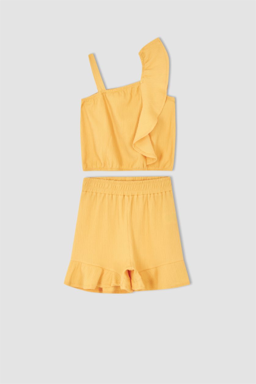 بنات برتقالي فاتح طقم بناتي بلوزة بحمالات وتنورة