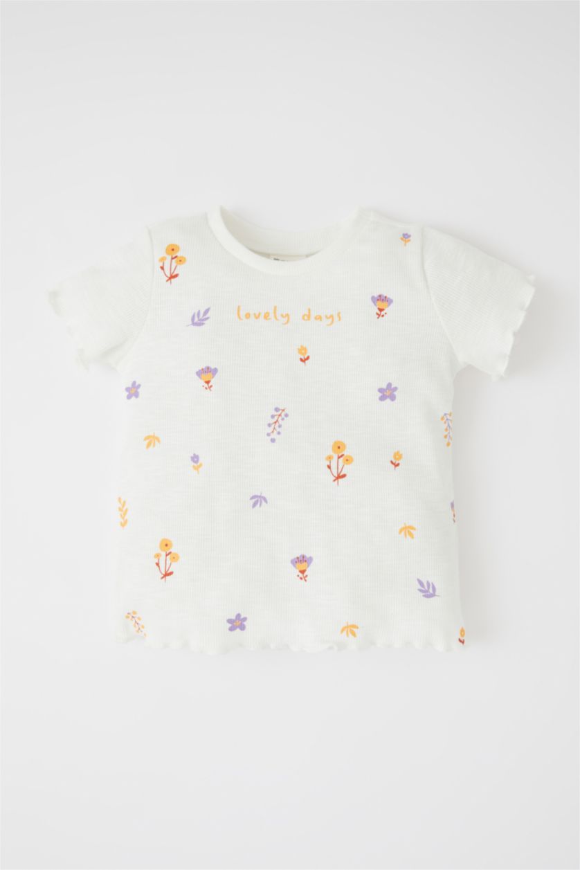 BABY GIRL Ecru Regular Fit Flower Short Sleeve T-Shirt