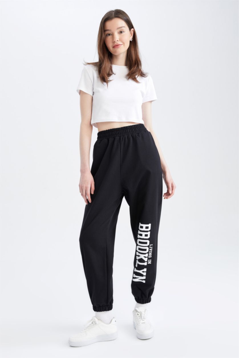 WOMAN Black Oversize Fit Flexible Leg College Printed Thin Sweatshirt Fabric Jogger Sweatpants