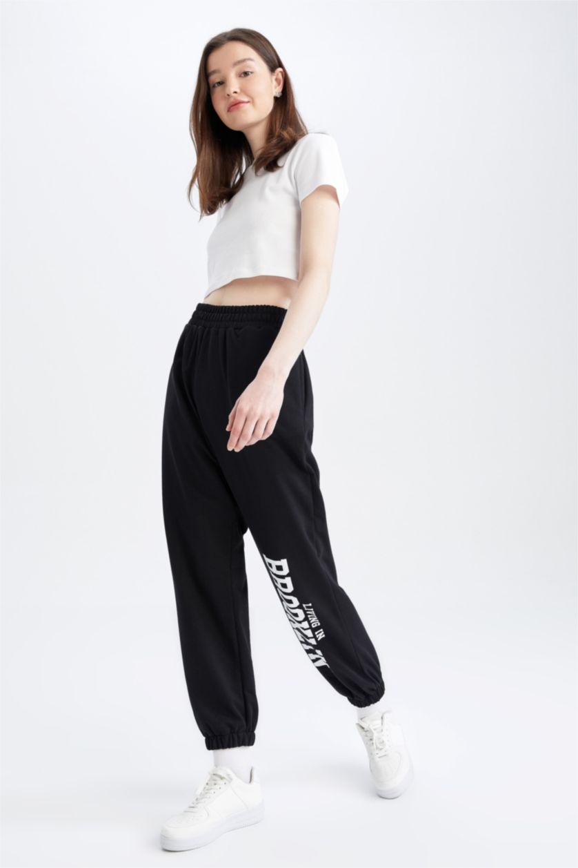 WOMAN Black Oversize Fit Flexible Leg College Printed Thin Sweatshirt Fabric Jogger Sweatpants