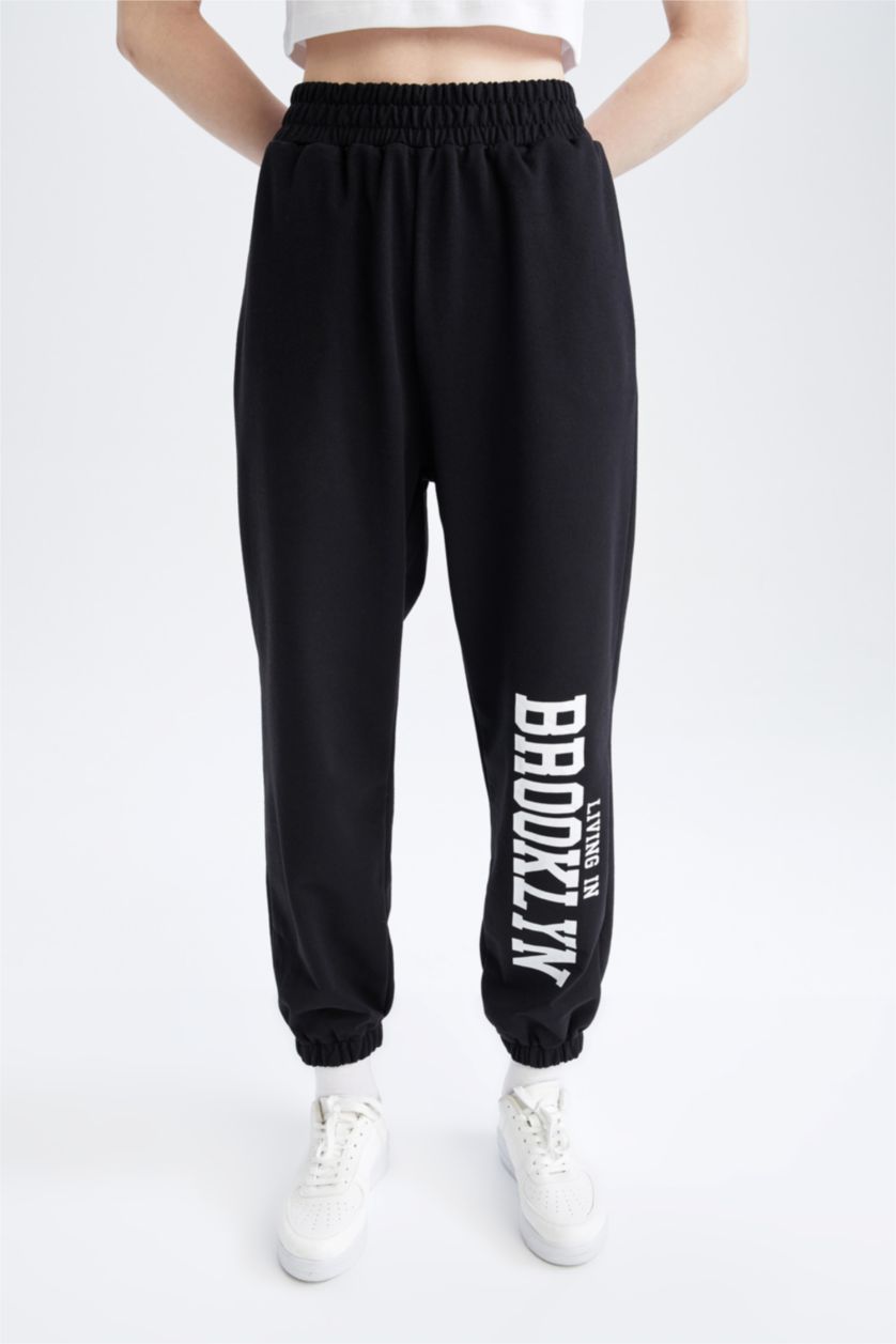 WOMAN Black Oversize Fit Flexible Leg College Printed Thin Sweatshirt Fabric Jogger Sweatpants