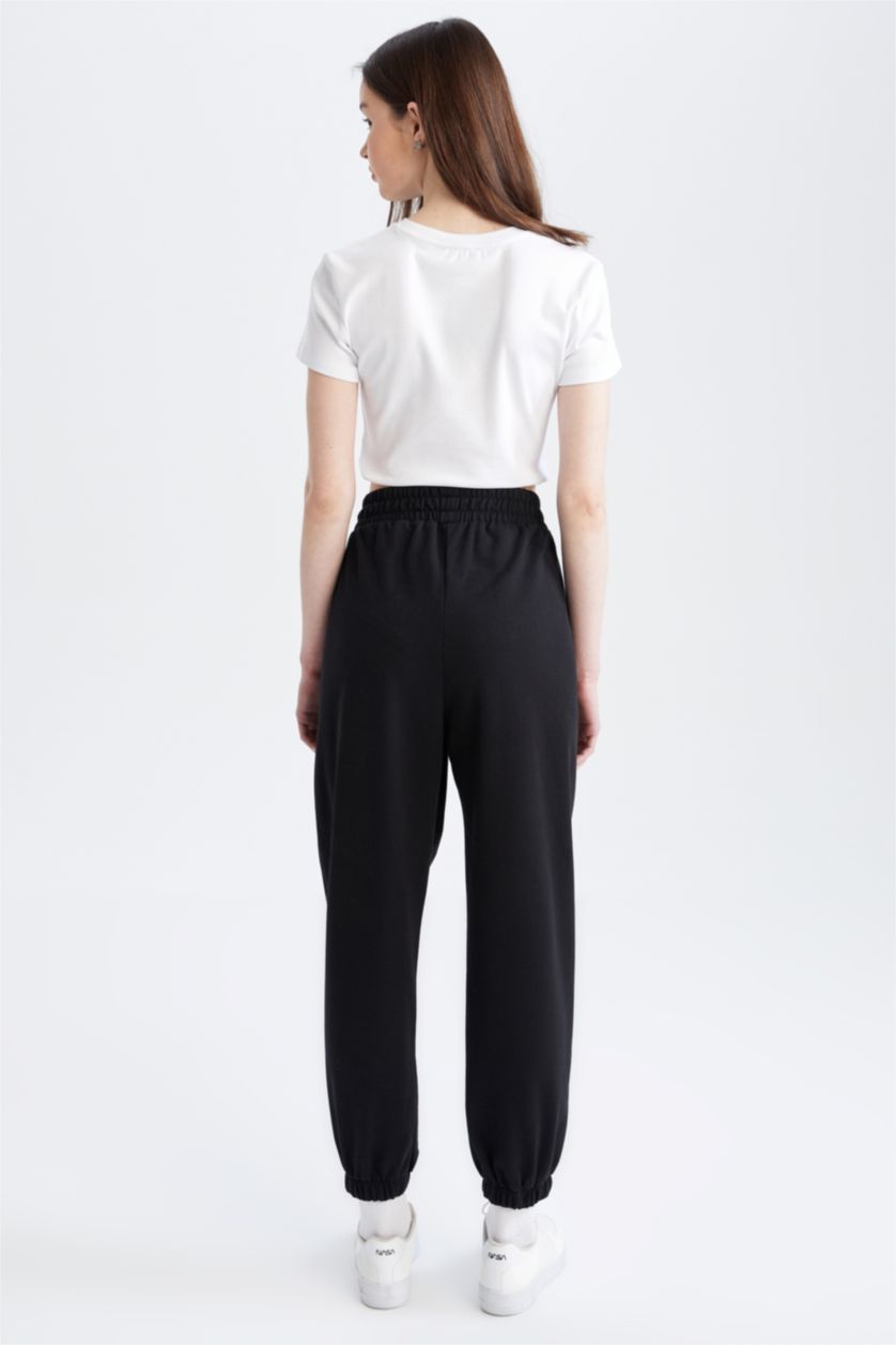 WOMAN Black Oversize Fit Flexible Leg College Printed Thin Sweatshirt Fabric Jogger Sweatpants