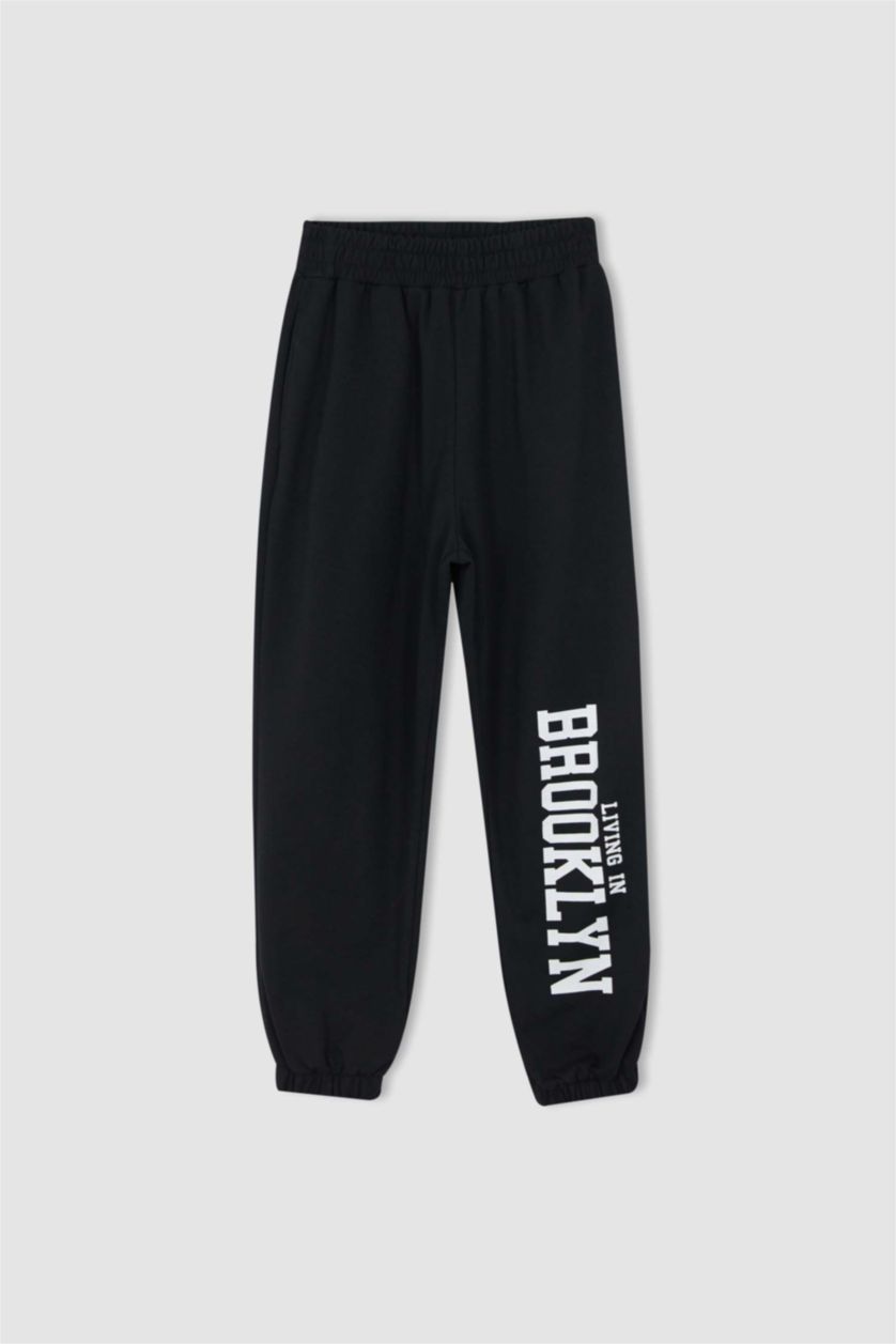 WOMAN Black Oversize Fit Flexible Leg College Printed Thin Sweatshirt Fabric Jogger Sweatpants