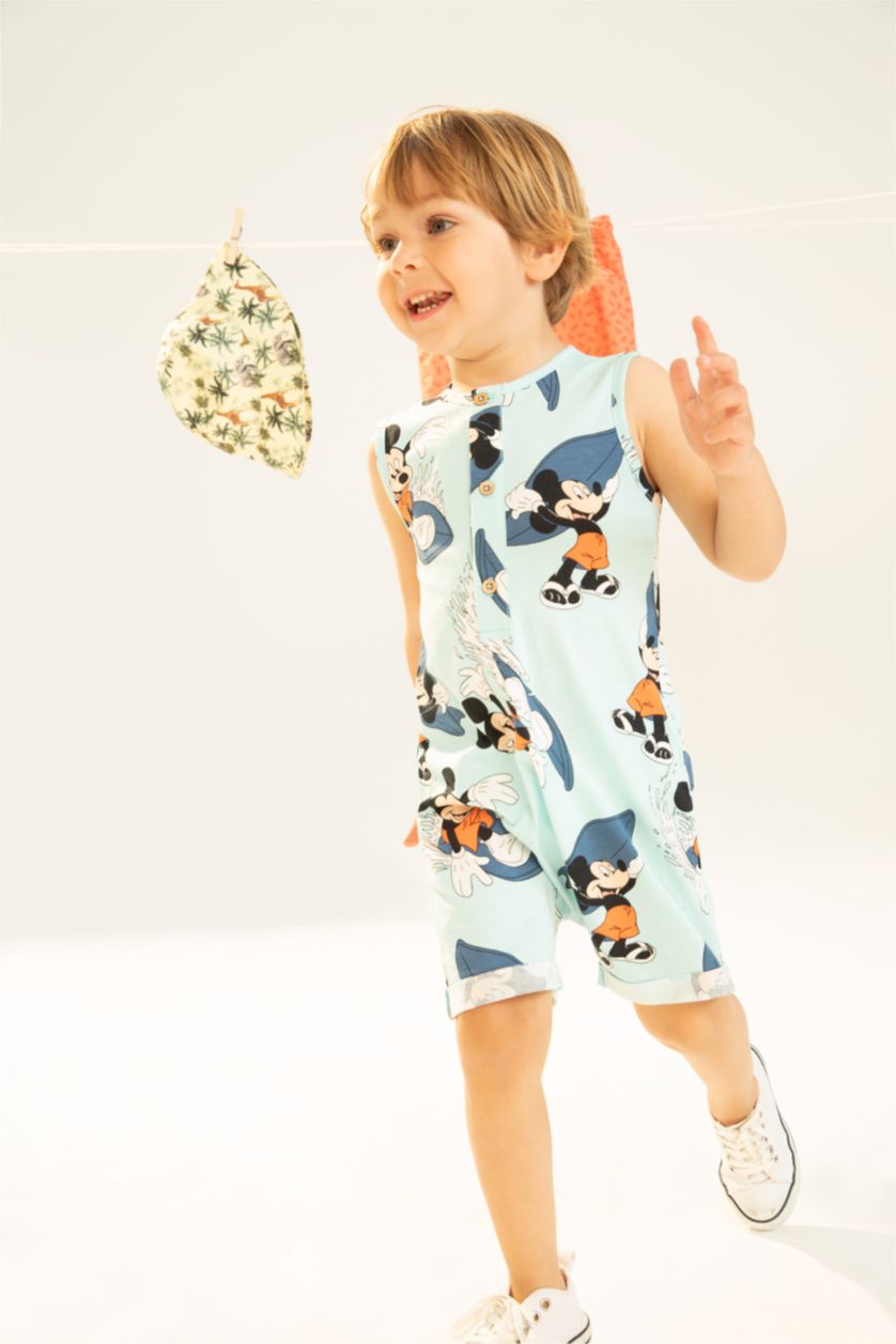 Baby Boy Aqua Regular Fit Button Neck Mickey & Minnie Licensed Jumpsuit