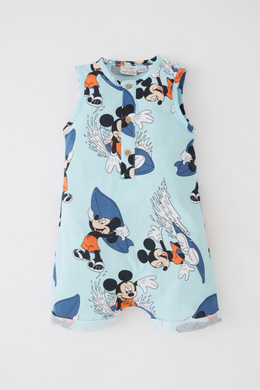 Baby Boy Aqua Regular Fit Button Neck Mickey & Minnie Licensed Jumpsuit