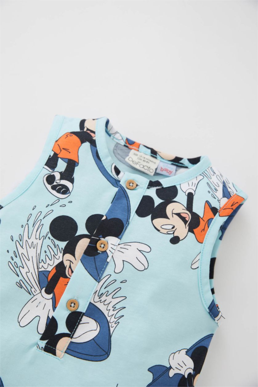 Baby Boy Aqua Regular Fit Button Neck Mickey & Minnie Licensed Jumpsuit