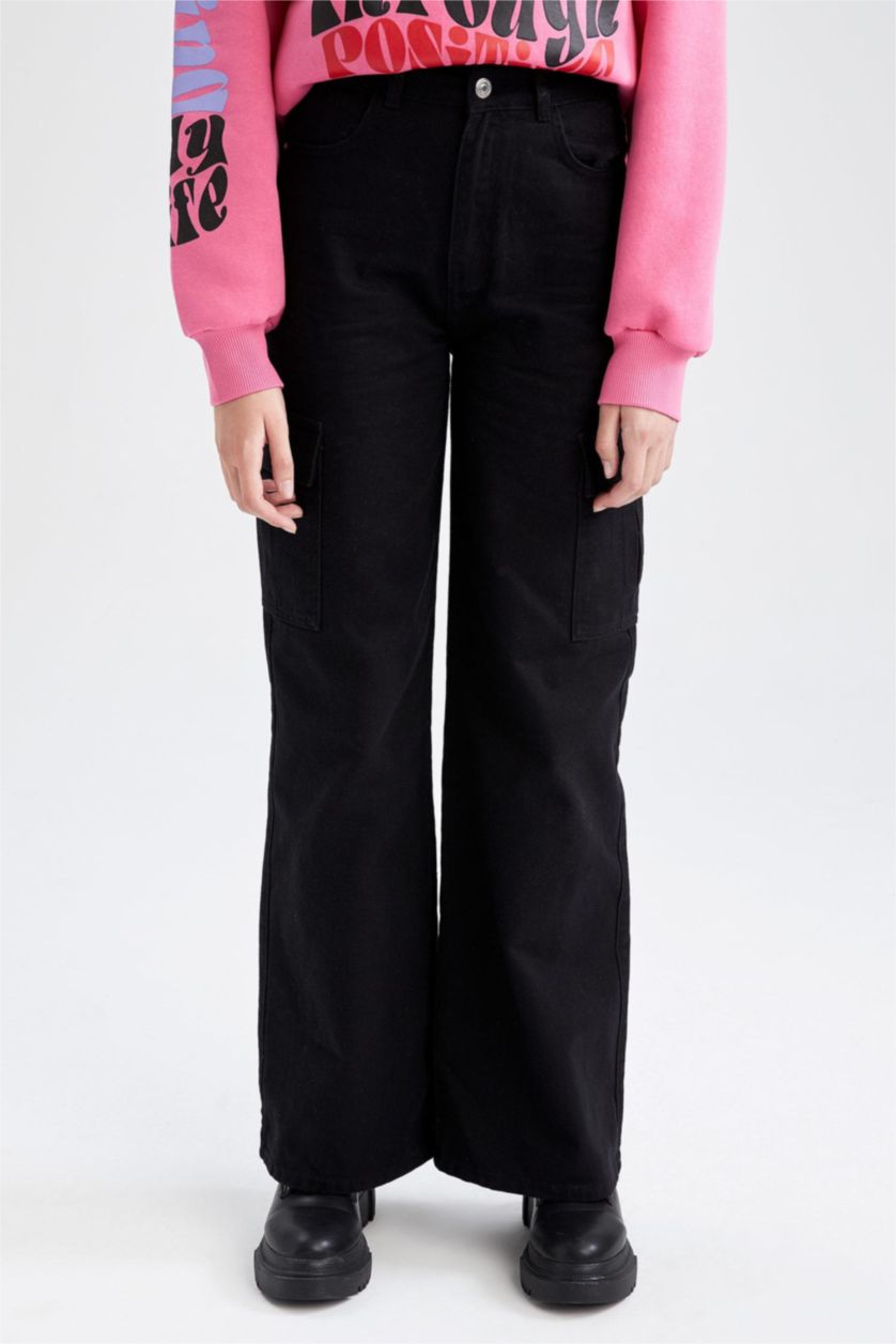 Kadın Siyah Coool Kargo Cepli Geniş Paça Gabardin %100 Pamuk Pantolon