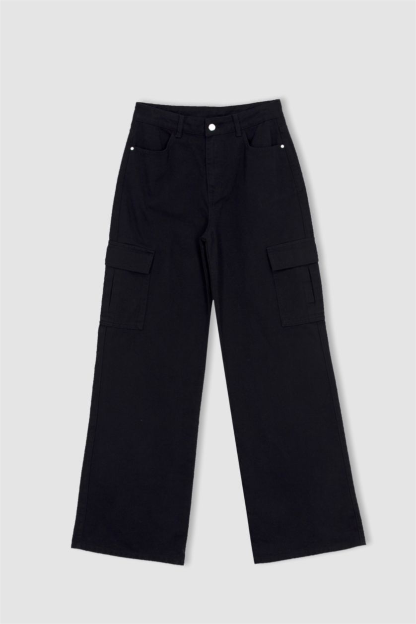 Kadın Siyah Coool Kargo Cepli Geniş Paça Gabardin %100 Pamuk Pantolon