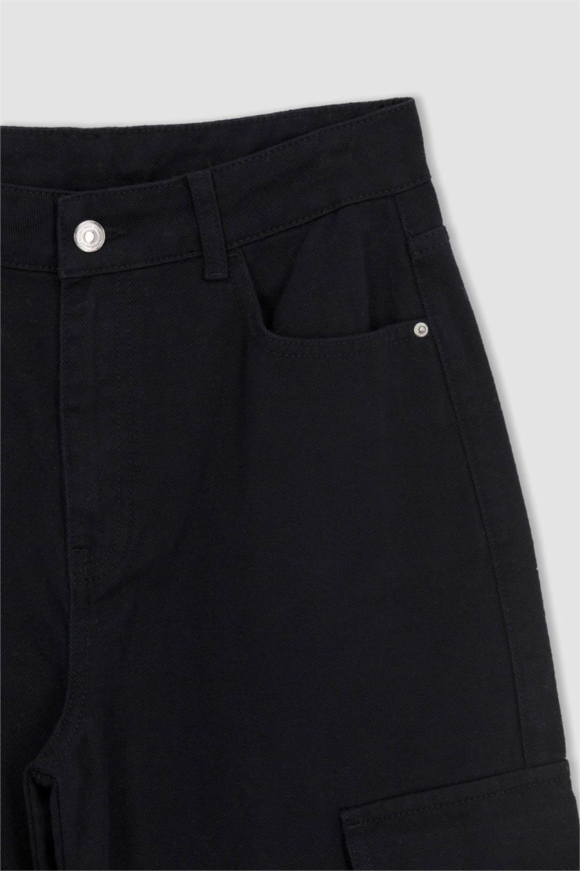 Kadın Siyah Coool Kargo Cepli Geniş Paça Gabardin %100 Pamuk Pantolon