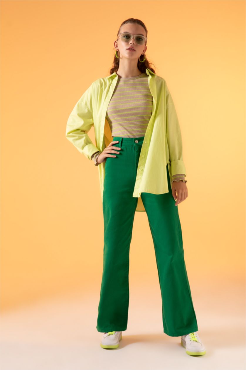 FEMME Vert Pantalon taille haute en gabardine avec poche