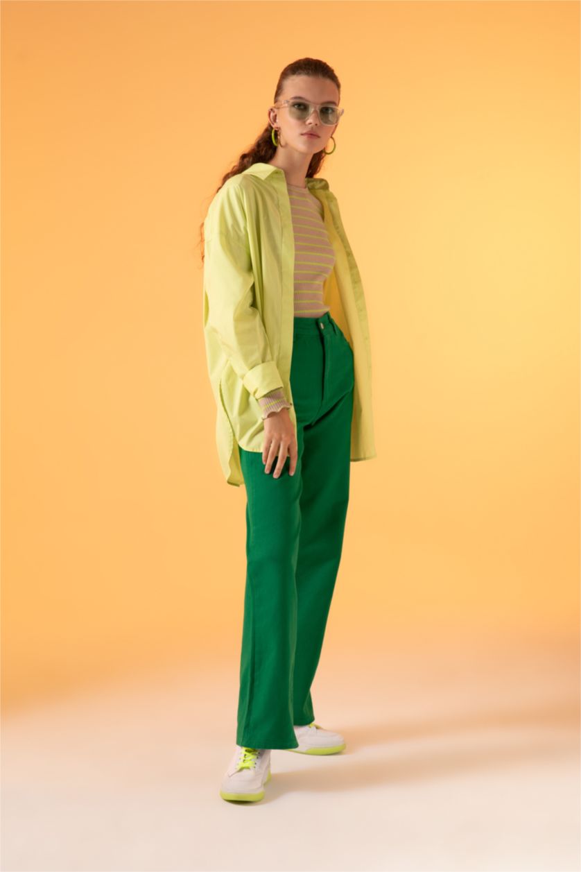 FEMME Vert Pantalon taille haute en gabardine avec poche