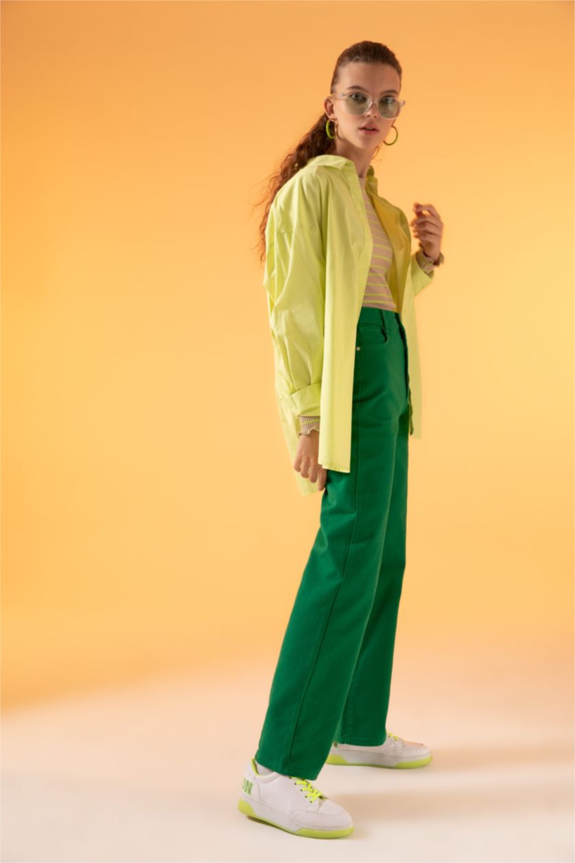 FEMME Vert Pantalon taille haute en gabardine avec poche