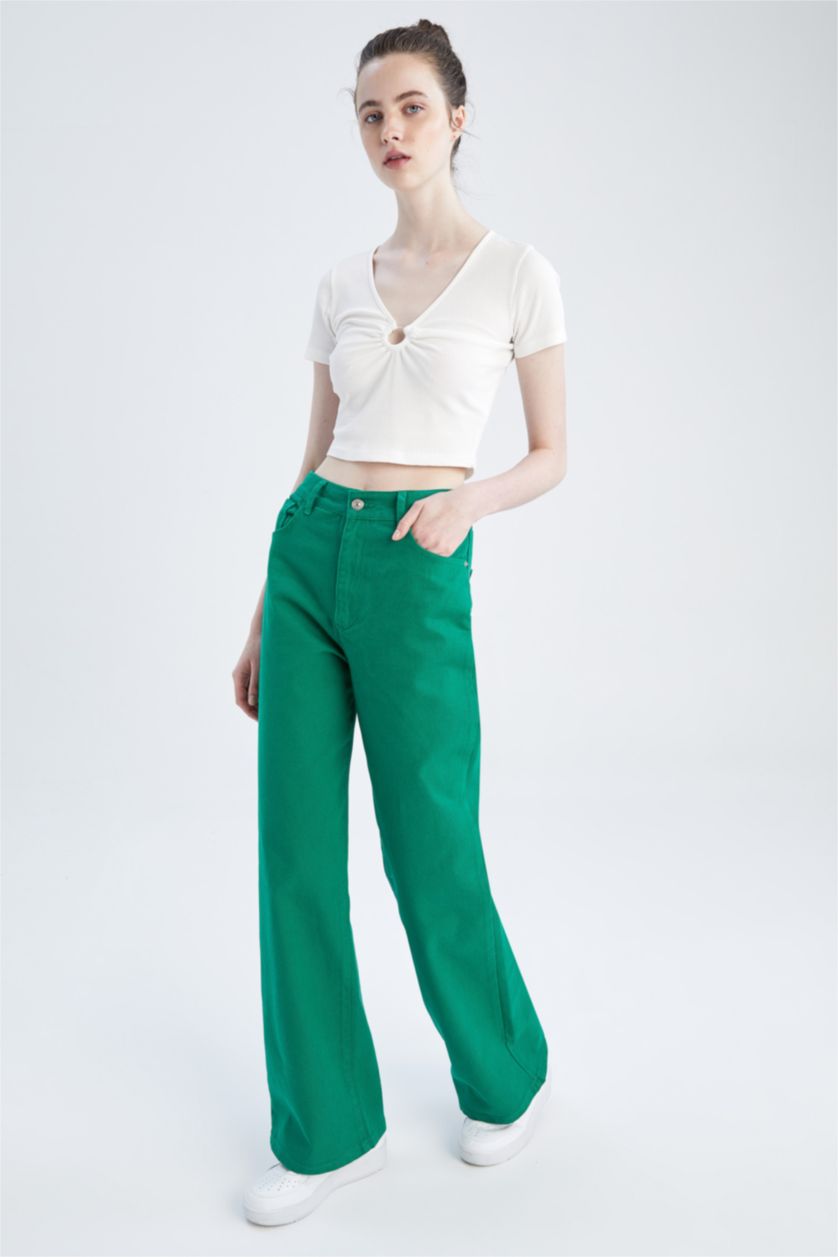 FEMME Vert Pantalon taille haute en gabardine avec poche
