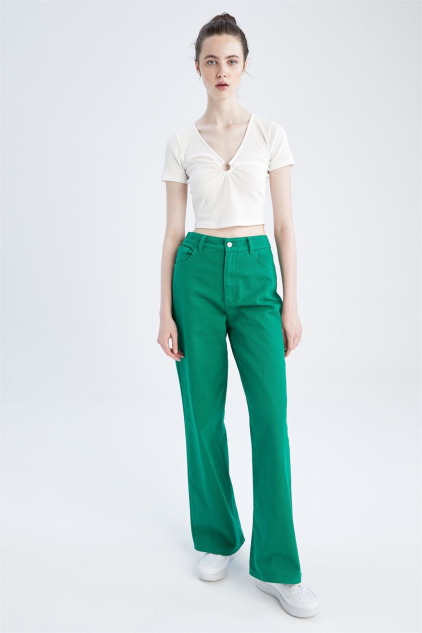FEMME Vert Pantalon taille haute en gabardine avec poche