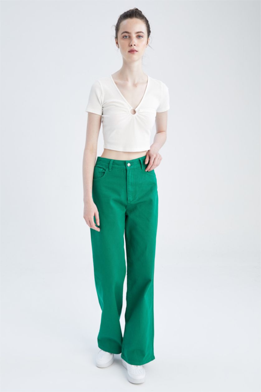 FEMME Vert Pantalon taille haute en gabardine avec poche