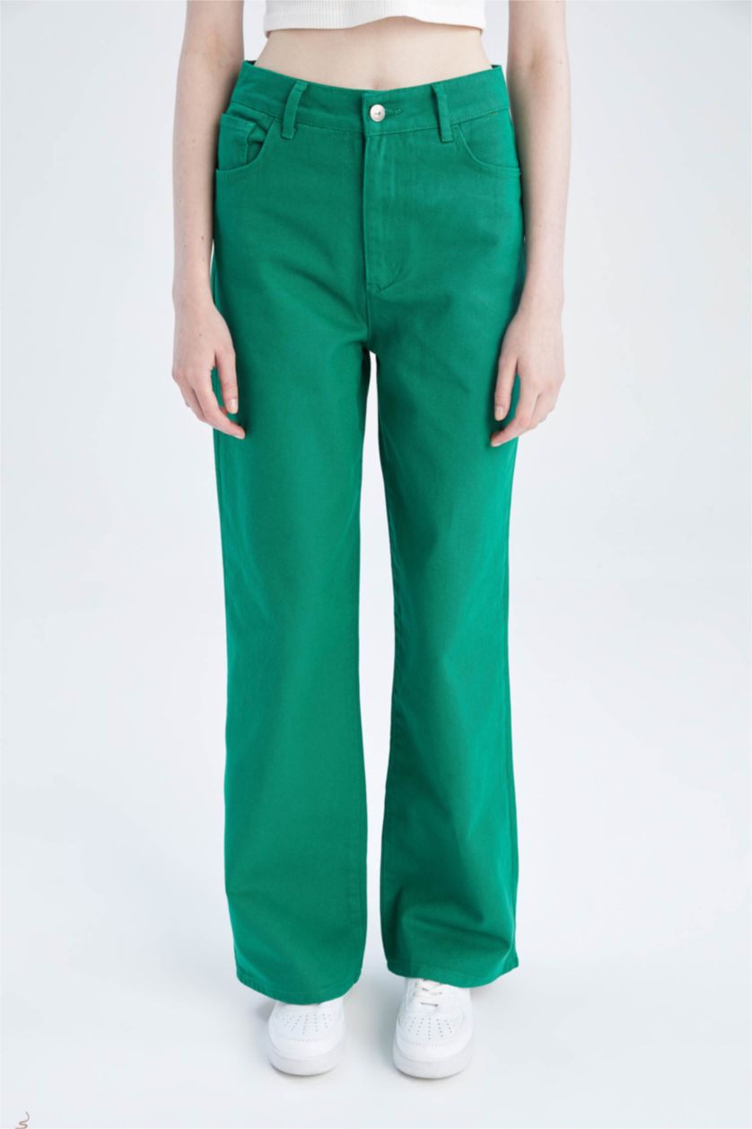 FEMME Vert Pantalon taille haute en gabardine avec poche