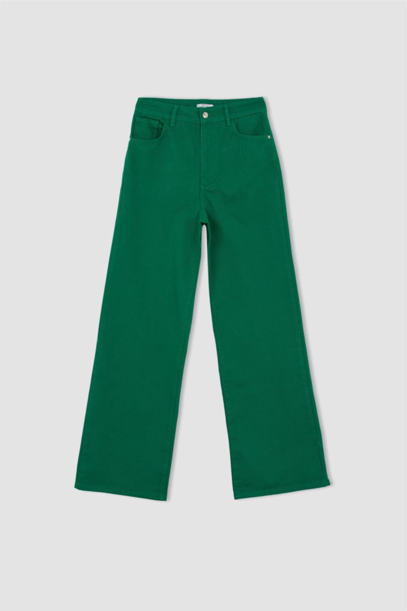 FEMME Vert Pantalon taille haute en gabardine avec poche