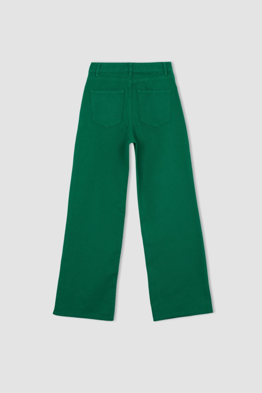 FEMME Vert Pantalon taille haute en gabardine avec poche
